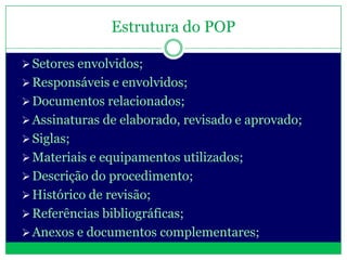 Estrutura do POP

 Setores envolvidos;
 Responsáveis e envolvidos;
 Documentos relacionados;
 Assinaturas de elaborado, revisado e aprovado;
 Siglas;
 Materiais e equipamentos utilizados;
 Descrição do procedimento;
 Histórico de revisão;
 Referências bibliográficas;
 Anexos e documentos complementares;
 
