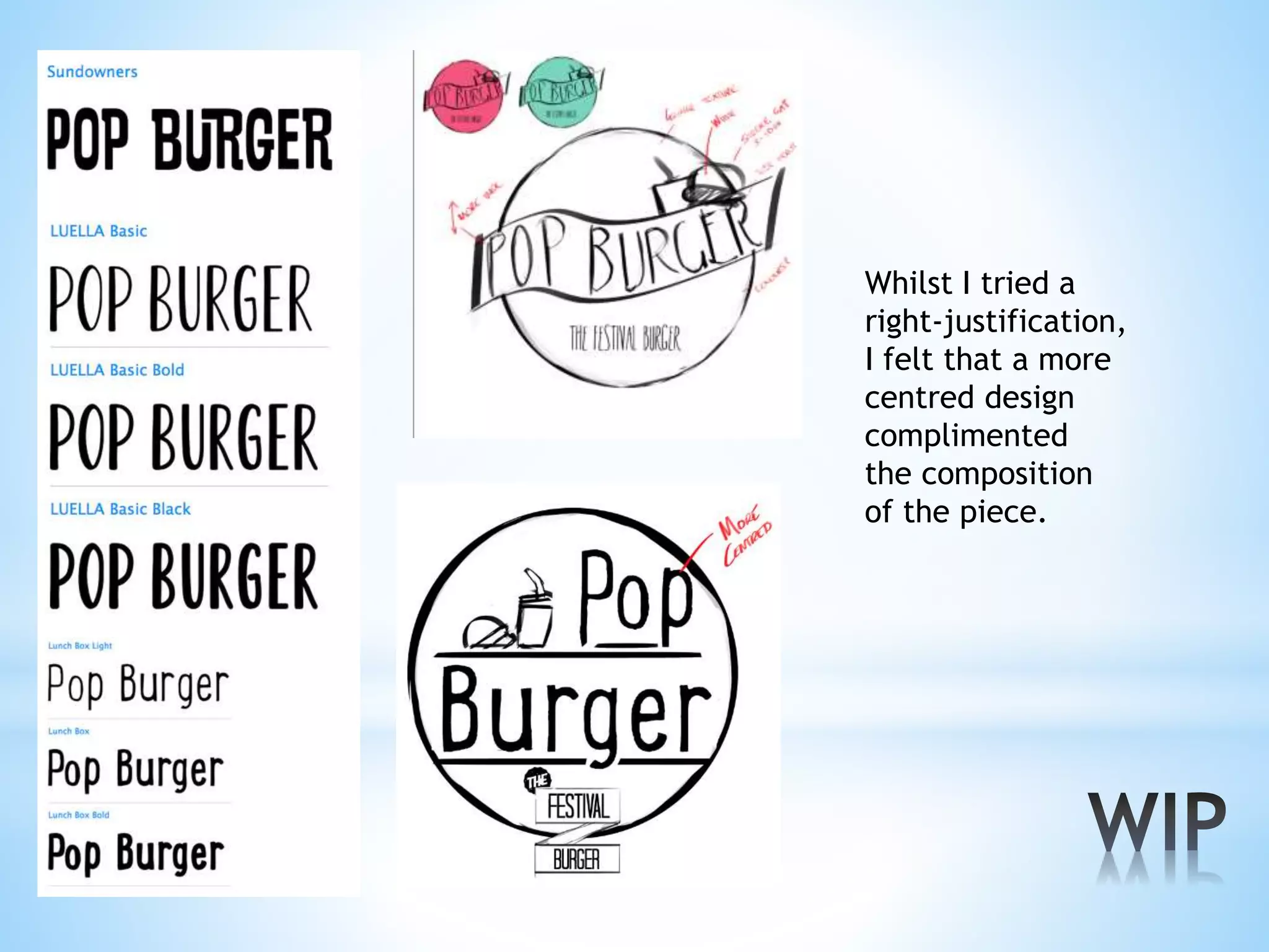 Whilst I tried a
right-justification,
I felt that a more
centred design
complimented
the composition
of the piece.

 