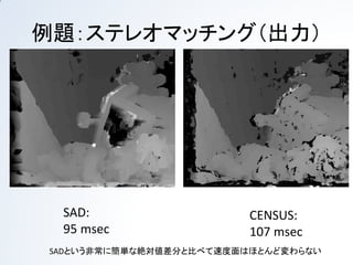 例題：ステレオマッチング（出力）




 SAD:                    CENSUS:
 95 msec                 107 msec
SADという非常に簡単な絶対値差分と比べて速度面はほとんど変わらない
 
