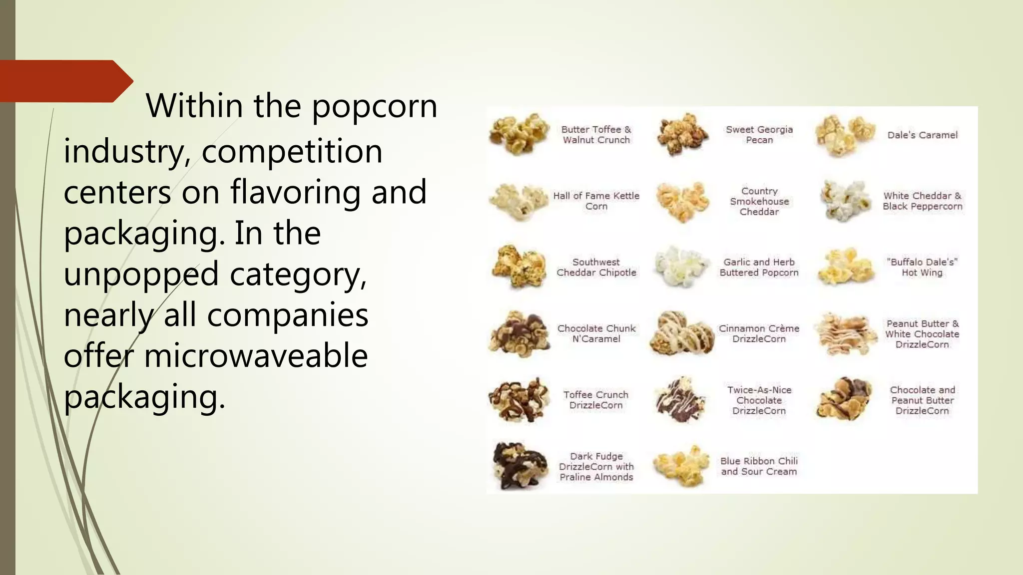 Within the popcorn
industry, competition
centers on flavoring and
packaging. In the
unpopped category,
nearly all companies
offer microwaveable
packaging.