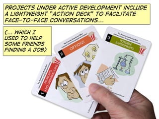 Projects under active development include
a lightweight “Action Deck” to facilitate
face-to-face conversations...
(... Which I
used to help
some friends
finding a job)
 