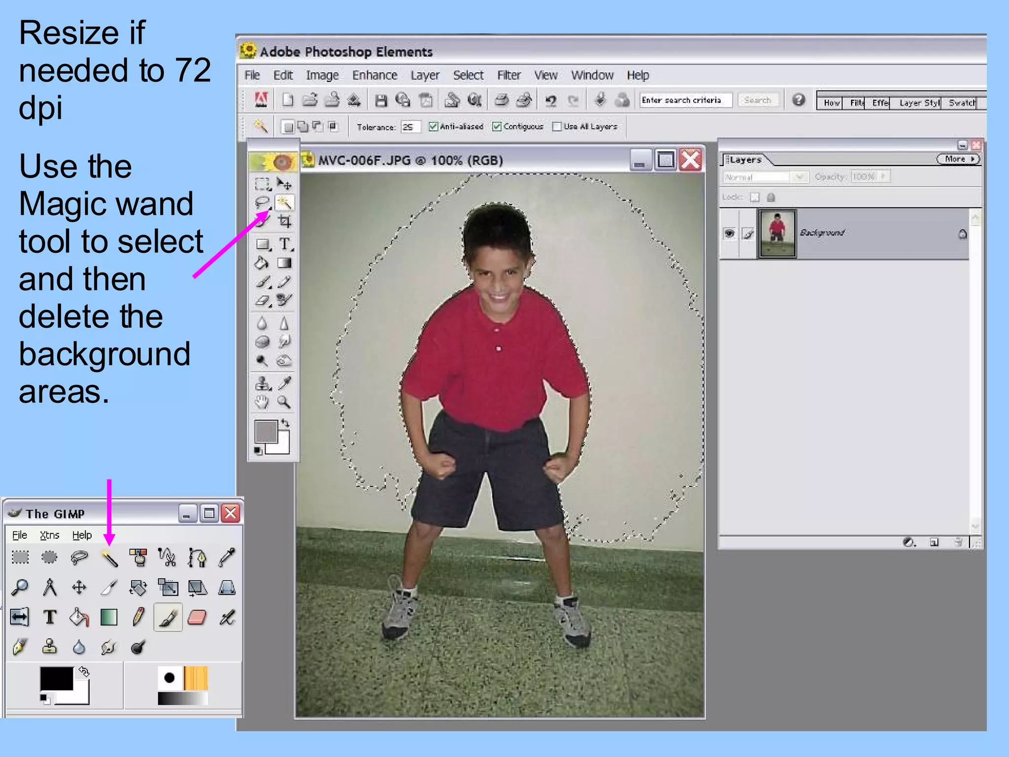 Resize if needed to 72 dpi Use the Magic wand tool to select and then delete the background areas. 