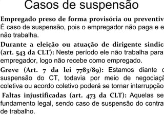 Casos de suspensão
Empregado preso de forma provisória ou preventiva
É caso de suspensão, pois o empregador não paga e e
não trabalha.
Durante a eleição ou atuação de dirigente sindica
(art. 543 da CLT): Neste período ele não trabalha para
empregador, logo não recebe como empregado.
Greve (Art. 7 da lei 7783/89): Estamos diante d
suspensão do CT, todavia por meio de negociaçã
coletiva ou acordo coletivo poderá se tornar interrupção.
Faltas injustificadas (art. 473 da CLT): Aquelas sem
fundamento legal, sendo caso de suspensão do contrat
de trabalho.
 