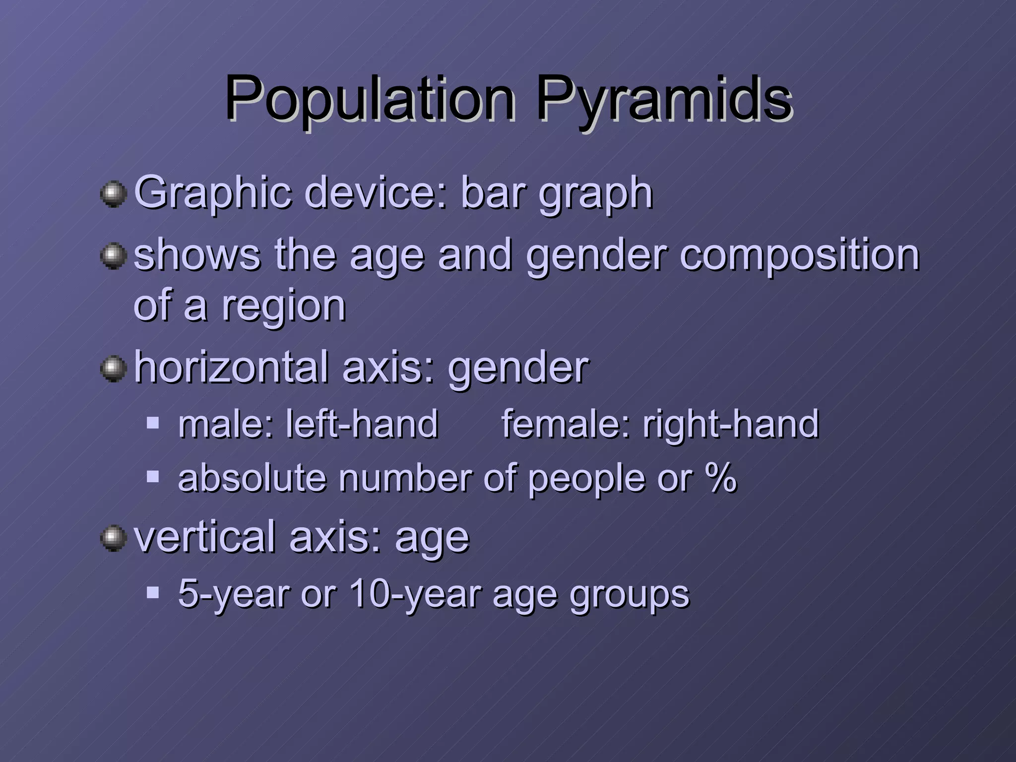 Population Pyramids Graphic device: bar graph shows the age and gender composition of a region horizontal axis: gender male: left-hand female: right-hand absolute number of people or % vertical axis: age 5-year or 10-year age groups 