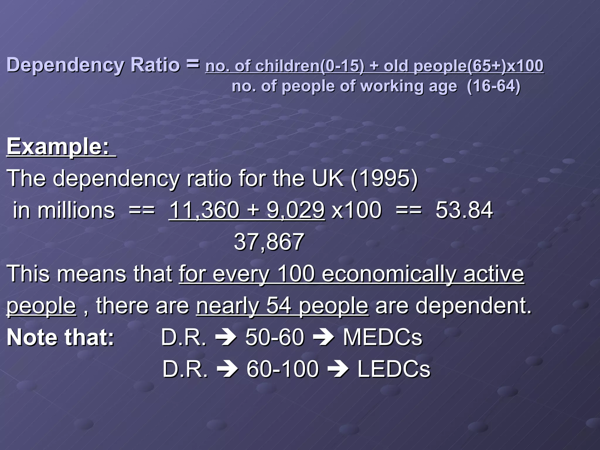 Dependency Ratio  =   no. of children(0-15) + old people(65+)x100     no. of people of working age  (16-64) Example:  The dependency ratio for the UK (1995) in millions  ==  11,360 + 9,029  x100  ==  53.84 37,867 This means that  for every 100 economically active people  , there are  nearly 54 people  are dependent. Note that:   D.R.    50-60    MEDCs D.R.    60-100    LEDCs 