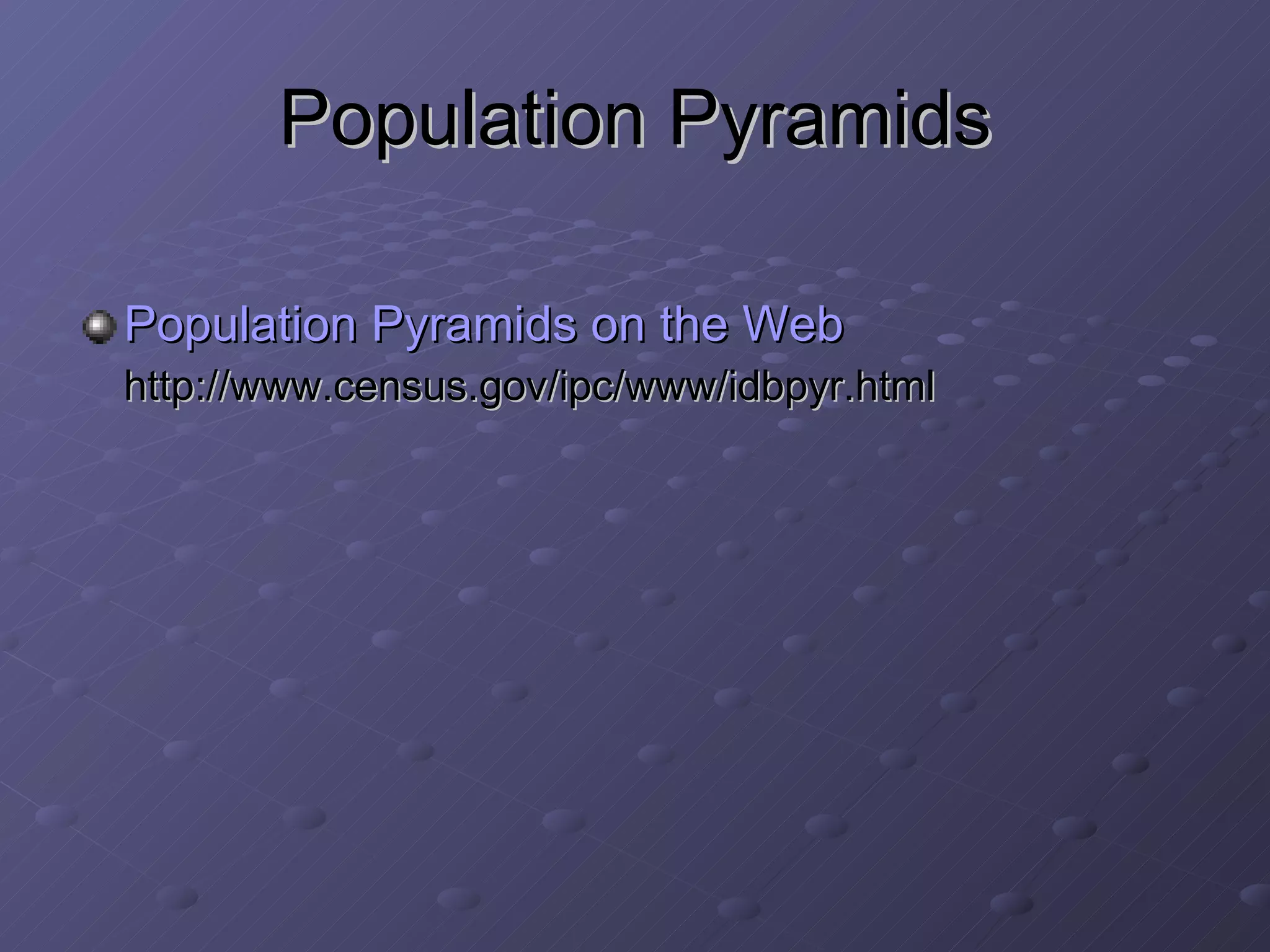 Population Pyramids Population Pyramids on the Web http://www.census.gov/ipc/www/idbpyr.html 