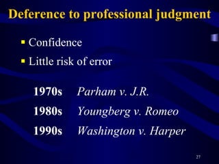 Deference to professional judgment Confidence Little risk of error 1970s Parham v. J.R. 1980s Youngberg v. Romeo 1990s Washington v. Harper 