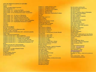 LISTA DE PRESENTACIONES EN ESPAÑOL
Revisado 1-11-2022
Abuelos
Adviento y Navidad, tiempo de esperanza
Amor y Matrimonio 1 - 9
Amoris Laetitia – ch 1 – A la luz de la Palabre
Amoris Laetitia – ch 2 – Realidad y Desafíos de las Familias
Amoris Laetitia – ch 3 La mirada puesta en Jesús: Vocación de la
Familia
Amoris Laetitia – ch 4 - El Amor en el Matrimonio
Amoris Laetitia – ch 5 – Amor que se vuelve fecundo
Amoris Laetitia – ch 6 – Algunas Perspectivas Pastorales
Amoris Laetitia – ch 7 – Fortalecer la educacion de los hijos
Amoris Laetitia – ch 8 – Acompañar, discernir e integrar la fragilidad
Amoris Laetitia – ch 9 – Espiritualidad Matrimonial y Familiar
Carnaval
Conciencia
Cristo Vive
Dia de todos los difuntos
Domingo – día del Señor
El camino de la cruz de JC en dibujos para niños
El Cuerpo, el culto – (eucarisía)
Encuentro Mundial de Familias Roma 2022 – festival de las familias
Espíritu Santo
Fatima – Historia de las apariciones
Familiaris Consortio (FC) 1 – iglesia y familia hoy
Familiaris Consortio (FC) 2 - el plan de Dios para la familia
Familiaris Consortio (FC) 3 – 1 – familia como comunidad
Familiaris Consortio (FC) 3 – 2 – servicio a la vida y educación
Familiaris Consortio (FC) 3 – 3 – misión de la familia en la sociedad
Familiaris Consortio (FC) 3 – 4 - participación de la familia en la
iglesia
Familiaris Consortio (FC) 4 Pastoral familiar
Fátima – Historia de las Apariciones de la Virgen
Feria de Sevilla
Haurietis aquas – el culto al Sagrado Corazón
Hermandades y cofradías
Hispanidad
La Iglesia, Madre y Maestra
La Comunidad Humana
La Vida en Cristo
San José, obrero, marido, padre
San Juan Ma Vianney, Curé de’Ars
San Juan Crisostom
San Juan de la Cruz
San Juan N. Neumann, obispo de Philadelphia
San Juan Pablo II, Karol Wojtyla
San Lucas, evangelista
San Mateo, Apóstol y Evangelista
San Martin de Porres
San Martin de Tours
San Mateo, Apostol y Evangelista
San Maximiliano Kolbe
Santa Teresa de Calcuta
Santos Marta, Maria, y Lazaro
Santos Simon y Judaa Tadeo, aposttoles
San Nazario e Celso
San Padre Pio de Pietralcina
San Patricio e Irlanda
San Pedro Claver
San Roberto Belarmino
Santiago Apóstol
Santos Zacarias e Isabel, padres de Juan Bautista
Semana santa – Vistas de las últimas horas de JC
Vacaciones Cristianas
Valentín
Vida en Cristo
Virgen de Guadalupe, Mexico
Virgen de Pilar – fiesta de la hispanidad
Virgen de Sheshan, China
Virtud
Vocación a la bienaventuranza
Vocación – www.vocación.org
Vocación a evangelizar
Para comentarios – email –
mflynn@lcegionaries.org
fb – martin m. flynn
Donations to - BANCO - 03069 INTESA SANPAOLO
SPA
Name – EUR-CA-ASTI. IBAN –
IT61Q0306909606100000139493
Laudato si 1 – cuidado del hogar común
Laudato si 2 – evangelio de creación
Laudato si 3 – La raíz de la crisis ecológica
Laudato si 4 – ecología integral
Laudato si 5 – líneas de acción
Laudato si 6 – Educación y Espiritualidad Ecológica
Ley Moral
Libertad
Lumen Fidei – cap 1,2,3,4
María y la Biblia
Martires de Corea
Martires de Nor America y Canada
Medjugore peregrinación
Misericordiae Vultus en Español
Moralidad de actos humanos
Pasiones
Papa Francisco en Bulgaria
Papa Francisco en Rumania
Papa Francisco en Marruecos
Papa Francisco en México
Papa Francisco – mensaje para la Jornada Mundial
Juventud 2016
Papa Francisco – visita a Chile
Papa Francisco – visita a Perú
Papa Francisco en Colombia 1 + 2
Papa Francisco en Cuba
Papa Francisco en Fátima
Papa Francisco en la JMJ 2016 – Polonia
Papa Francisco en Hugaría e Eslovaquia
Queridas Amazoznia 1,2,3,4
El Reino de Cristo
Resurrección de Jesucristo – según los Evangelios
Revolución Rusa y Comunismo 1, 2, 3
Santa Agata, virgen y martir
San Alberto Magno
San Antonio de Padua
San Bruno, fundador del Cartujo
San Carlos Borromeo
San Francisco de Asis 1,2,3,4
San Francisco de Sales
Santa Faustina Kowalska, y la divina misericordia
Santa Maria Goretti
Santa María Magdalena
Santa Teresa de Lisieux
San Marco, evangelista
San Ignacio de Loyola
 