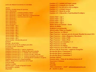 LISTA DE PRESENTACIONES EN ESPAÑOL
Abuelos
Adviento y Navidad, tiempo de esperanza
Amor y Matrimonio
Amor y Matrimonio 1 - el mundo de hombres y mujeres
Amor y Matrimonio 2 – crecer hastala madurez sexual
Amor y Matrimonio 3 – sicología – diferencias y complementariedad
Amor y Matrimonio 4 – causas de la atracción sexual
Amor y Matrimonio 5
Amor y Matrimonio 6
Amor y Matrimonio 7
Amor y Matrimonio 8
Amor y Matrimonio 9
Amoris Laetitia – cap 1
Amoris Laetitia – cap 2
Amoris Laetitia – cap 3
Amoris Laetitia – cap 4
Amoris Laetitia – cap 5
Amoris Laetitia – cap 6
Amoris Laetitia – cap 7
Amoris Laetitia – cap 8
Amoris Laetitia – cap 9
Amoris Laetitia – introducción general
Carnaval
Domingo – día del Señor
El camino de la cruz de JC en dibujos para niños
El Cuerpo, el culto – (eucaristía)
Espíritu Santo
Familiaris Consortio (FC) 1 – iglesia y familia hoy
Familiaris Consortio (FC) 2 - el plan de Dios para la familia
Familiaris Consortio (FC) 3 – 1 – familia como comunidad
Familiaris Consortio (FC) 3 – 2 – servicio a la vida y educación
Familiaris Consortio (FC) 3 – 3 – misión de la familia en la sociedad
Familiaris Consortio (FC) 3 – 4 - participación de la familia en la iglesia
Familiaris Consortio (FC) 4 Pastoral familiar
Fátima – Historia de las Apariciones de la Virgen
Feria de Sevilla
Gaudete et exultate
Haurietis aquas – el culto al Sagrado Corazón
Hermandades y cofradías
Hispanidad
Laudato si 1 – cuidado del hogar común
Laudato si 2 – evangelio de creación
Laudato si 3 – La raíz de la crisis ecológica
Laudato si 4 – ecología integral
Laudato si 5 – líneas de acción
Laudato si 6 – Educación y Espiritualidad Ecológica
Lumen Fidei – cap 1
Lumen Fidei – cap 2
Lumen Fidei – cap 3
Lumen Fidei – cap 4
Madre Teresa de Calcuta – Santa
María y la Biblia
Medjugore peregrinación
Misericordiae Vultus en Español
Papa Francisco en México
Papa Francisco – mensaje para la Jornada Mundial Juventud 2016
Papa Francisco – visita a Bulgaria y Macedonia
Papa Francisco – visita a Chile
Papa Francisco – visita a Perú
Papa Francisco en Colombia 1 + 2
Papa Francisco en Cuba
Papa Francisco en Fátima
Papa Francisco en la JMJ 2016 – Polonia
Resurrección de Jesucristo – según los Evangelios
Revolución Rusa y Comunismo 1
Revolución Rusa y comunismo 2
Revolución Rusa y Comunismo 3
Santiago Apóstol
Semana santa – Vistas de las últimas horas de JC
Vacaciones Cristianas
Valentín
Vocación
-Para comentarios – email – mflynn@lcegionaries.org
fb – martin m. flynn
 