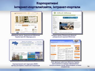 КорпоративніКорпоративні
інтернет-портали/сайти, інтранет-порталиінтернет-портали/сайти, інтранет-портали
14
Офіційний портал Національної бібліотеки
України імені В.І. Вернадського
Корпоративний сайт підрозділу НБУВ –
Центру досліджень соціальних комунікацій
Інтернет-проект Рівненської обласної
універсальної наукової бібліотеки
Сайт фахівців публічних бібліотек України,
орієнтований на надання інформаційних
консультативних послуг бібліотекарям та іншим
спеціалістам
 