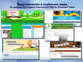 Представництво в соціальних медіа.Представництво в соціальних медіа.
На прикладі блогосфери Херсонської ОБД ім. Дніпрової ЧайкиНа прикладі блогосфери Херсонської ОБД ім. Дніпрової Чайки
16
 