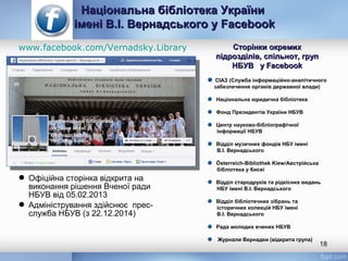 Національна бібліотека УкраїниНаціональна бібліотека України
імені В.І. Вернадського уімені В.І. Вернадського у FacebookFacebook
18
 Офіційна сторінка відкрита на
виконання рішення Вченої ради
НБУВ від 05.02.2013
 Адміністрування здійснює прес-
служба НБУВ (з 22.12.2014)
СІАЗ (Служба інформаційно-аналітичного
забезпечення органів державної влади)
Національна юридична бібліотека
Фонд Президентів України НБУВ
Центр науково-бібліографічної
інформації НБУВ
Відділ музичних фондів НБУ імені
В.І. Вернадського
Österreich-Bibliothek Kiew/Австрійська
бібліотека у Києві
Відділ стародруків та рідкісних видань
НБУ імені В.І. Вернадського
Відділ бібліотечних зібрань та
історичних колекцій НБУ імені
В.І. Вернадського
Рада молодих вчених НБУВ
Журнали Вернадки (відкрита група)
Сторінки окремихСторінки окремих
підрозділів, спільнот, группідрозділів, спільнот, груп
НБУВ уНБУВ у FacebookFacebook
www.facebook.com/Vernadsky.Library
 