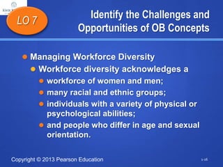 Copyright © 2013 Pearson Education
Identify the Challenges and
Opportunities of OB Concepts
 Managing Workforce Diversity
 Workforce diversity acknowledges a
 workforce of women and men;
 many racial and ethnic groups;
 individuals with a variety of physical or
psychological abilities;
 and people who differ in age and sexual
orientation.
LO 7
1-16
 