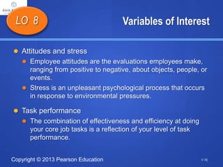 Copyright © 2013 Pearson Education
Variables of Interest
 Attitudes and stress
 Employee attitudes are the evaluations employees make,
ranging from positive to negative, about objects, people, or
events.
 Stress is an unpleasant psychological process that occurs
in response to environmental pressures.
 Task performance
 The combination of effectiveness and efficiency at doing
your core job tasks is a reflection of your level of task
performance.
LO 8
1-25
 