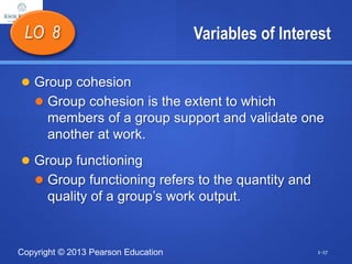 Copyright © 2013 Pearson Education
Variables of Interest
 Group cohesion
 Group cohesion is the extent to which
members of a group support and validate one
another at work.
 Group functioning
 Group functioning refers to the quantity and
quality of a group’s work output.
LO 8
1-27
 