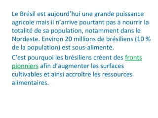 Le Brésil est aujourd’hui une grande puissance
agricole mais il n’arrive pourtant pas à nourrir la
totalité de sa population, notamment dans le
Nordeste. Environ 20 millions de brésiliens (10 %
de la population) est sous-alimenté.
C’est pourquoi les brésiliens créent des fronts
pionniers afin d’augmenter les surfaces
cultivables et ainsi accroître les ressources
alimentaires.
 