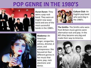 Duran Duran- They                       Culture Club- An
were a pop rock                         English pop band
band. They were an                      who were big in
English new wave                        the 1980’s.
band and one of the
most successful
bands in the 1980’s.     The Smiths- The Smiths who were
                         from Britain music genres were
                         alternative rock and pop. In the
  Madonna- An            80’s they became very big and
  American               made their way to America.
  singer, songwriter,
  actress, director, d
  ancer, and
  entrepreneur. She
  focused on four
  different genres in
  her music that
  were; pop, rock
  electronic and
  dance.
 