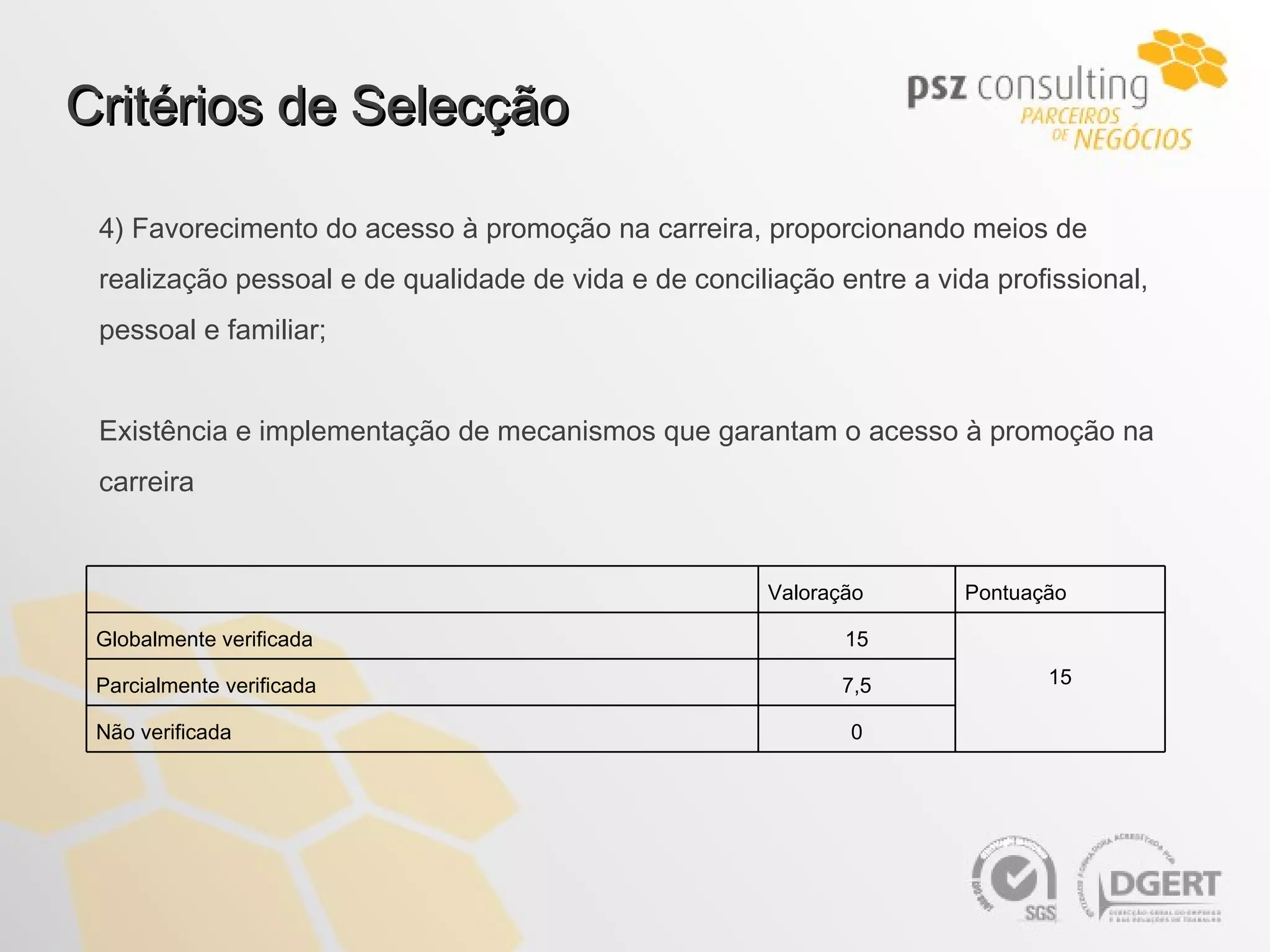 Critérios de Selecção 4) Favorecimento do acesso à promoção na carreira, proporcionando meios de realização pessoal e de qualidade de vida e de conciliação entre a vida profissional, pessoal e familiar; Existência e implementação de mecanismos que garantam o acesso à promoção na carreira   Valoração Pontuação Globalmente verificada 15   15 Parcialmente verificada 7,5 Não verificada 0 