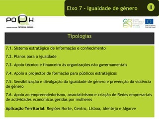 Eixo 7 - Igualdade de género                  II




                                  Tipologias

7.1. Sistema estratégico de informação e conhecimento

7.2. Planos para a igualdade

7.3. Apoio técnico e financeiro às organizações não governamentais

7.4. Apoio a projectos de formação para públicos estratégicos

7.5. Sensibilização e divulgação da igualdade de género e prevenção da violência
de género

7.6. Apoio ao empreendedorismo, associativismo e criação de Redes empresariais
de actividades económicas geridas por mulheres

Aplicação Territorial: Regiões Norte, Centro, Lisboa, Alentejo e Algarve
 
