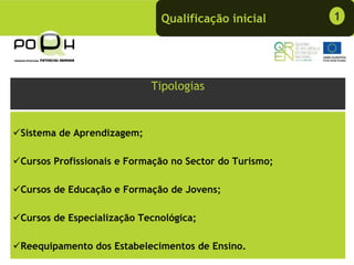 Qualificação inicial       1




                           Tipologias


Sistema de Aprendizagem;

Cursos Profissionais e Formação no Sector do Turismo;

Cursos de Educação e Formação de Jovens;

Cursos de Especialização Tecnológica;

Reequipamento dos Estabelecimentos de Ensino.
 