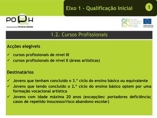Eixo 1 – Qualificação Inicial         1




                        1.2. Cursos Profissionais

Acções elegíveis
  cursos profissionais de nível III
  cursos profissionais de nível II (áreas artísticas)


Destinatários
  Jovens que tenham concluído o 3.º ciclo do ensino básico ou equivalente
  Jovens que tendo concluído o 2.º ciclo do ensino básico optem por uma
  formação vocacional artística
  Jovens com idade máxima 20 anos (excepções: portadores deficiência;
  casos de repetido insucesso/risco abandono escolar)
 