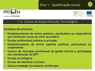 Eixo 1 – Qualificação Inicial         1




           1.4. Cursos de Especialização Tecnológica

Entidades Beneficiárias
  Estabelecimentos de ensino públicos, particulares ou cooperativos
  que ministrem cursos de nível secundário
  Escolas profissionais públicas e privadas
  Estabelecimentos de ensino superior públicos, particulares ou
  cooperativos
  Centros de formação profissional de gestão directa e participada
  sob coordenação do IEFP
  Escolas tecnológicas
  Escolas de hotelaria e turismo
  Outras entidades formadoras certificadas
 