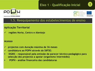 Eixo 1 – Qualificação Inicial               1




     1.5. Reequipamento dos estabelecimentos de ensino

Aplicação Territorial
   regiões Norte, Centro e Alentejo


Acesso

   projectos com duração máxima de 36 meses
   candidatura ao POPH através do SIIFSE:
    DGIDC – responsável pela emissão de parecer técnico-pedagógico para
   selecção dos projectos a apoiar (organismo intermédio)
    POPH – análise financeira das candidaturas
 