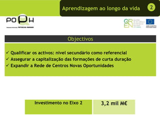 Aprendizagem ao longo da vida       2




                          Objectivos

Qualificar os activos: nível secundário como referencial
Assegurar a capitalização das formações de curta duração
Expandir a Rede de Centros Novas Oportunidades




           Investimento no Eixo 2        3,2 mil M€
 