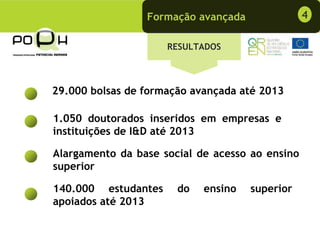 Formação avançada               4

                     RESULTADOS




29.000 bolsas de formação avançada até 2013

1.050 doutorados inseridos em empresas e
instituições de I&D até 2013

Alargamento da base social de acesso ao ensino
superior

140.000 estudantes     do   ensino   superior
apoiados até 2013
 