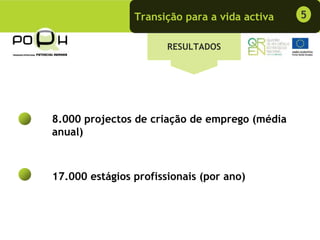 Transição para a vida activa   5

                       RESULTADOS




8.000 projectos de criação de emprego (média
anual)



17.000 estágios profissionais (por ano)
 