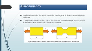 Alargamiento
 Propiedad mecánica de ciertos materiales de alargarse fácilmente antes del punto
de rotura.
 El alargamiento es el resultado de la deformación permanente que sufre un metal
al someterse a un esfuerzo de tiro hasta romperse.
 