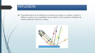  Propiedad óptica de la reflexión es cuando la luz llega a un objeto y rebota o
refleja, en parte o en su totalidad, de ese objeto. La luz puede ser reflejada de
manera especular (directa) o difusa.
REFLEXIÓN
 