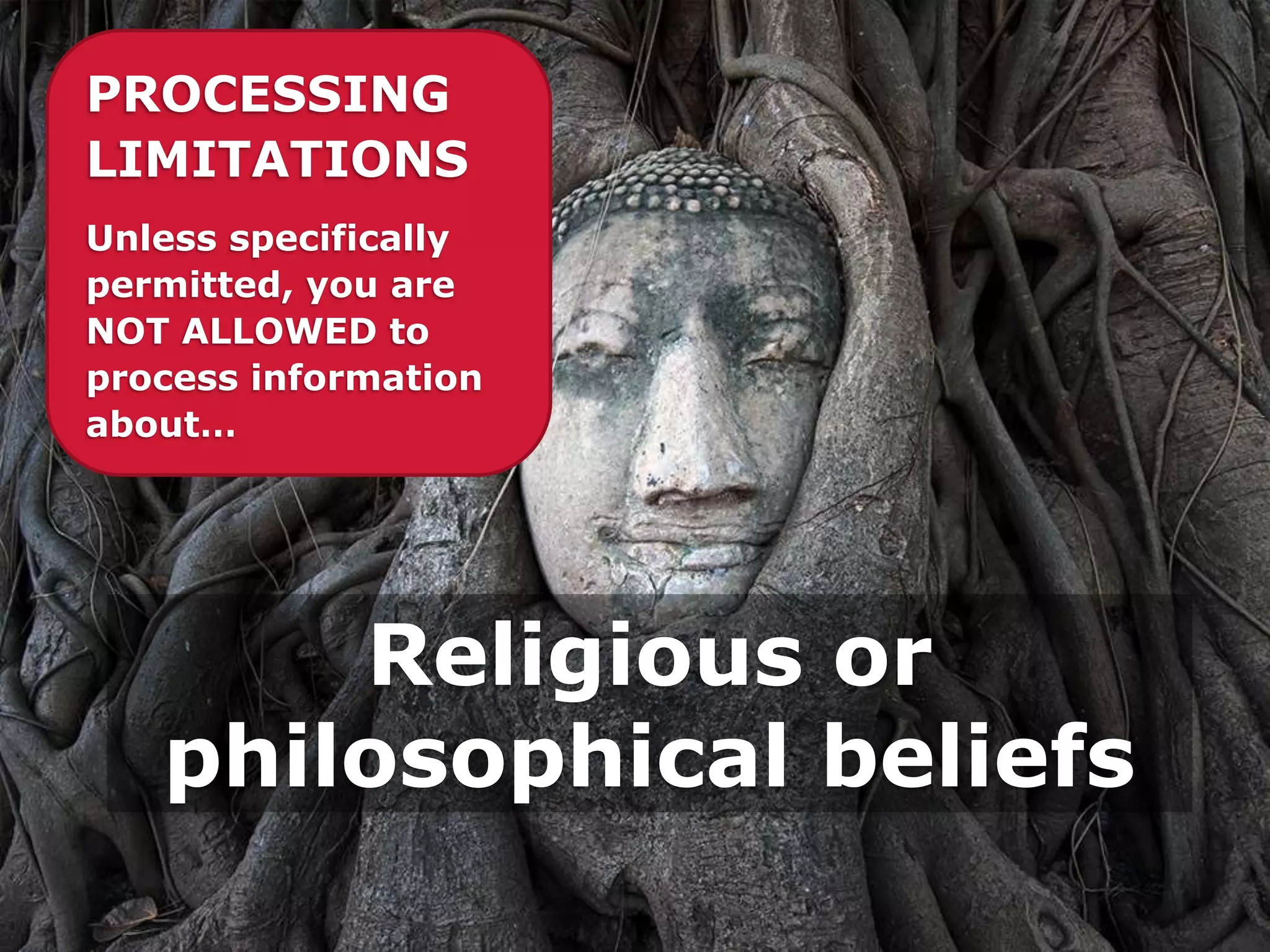 Religious or
philosophical beliefs
PROCESSING
LIMITATIONS
Unless specifically
permitted, you are
NOT ALLOWED to
process information
about…
 