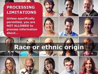 Race or ethnic origin
PROCESSING
LIMITATIONS
Unless specifically
permitted, you are
NOT ALLOWED to
process information
about…
 