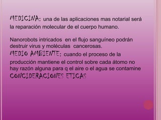 BRATTAIN:brattain,walter 1902 -1987.su formacion discurre en las ciudades  de Washington, Oregón y Minnesota .ellos fueron unos grandes cientificos  con el premio  nobel de fisica  en 19561947C:bardeen,bratain y shockley   hicieron  el gran descubrimiento cientifico  que ha cambiado la vida  del siglo xx el transitor.SHOCKEY:fisico estaunidense,curso su licenciatura de fisica en el instituto   de tecnologia de california.1959:el físico   premio nobel richardp.feyman siento las bases   de la nanotecnología n al pronunciar  en una conferencia impartido en el instituto de tecnologia, como yo los veo  que habla de manipular  cosas átomo por átomo esto  no es un intento de violar alguna ley.1982:gerd binnino  y heinvich rohrer,tuneldespues de este  inventó y basados mas  o menos en el mismo principio, se han desarrollado  otra  serie  de microscopios o herramientas que tienen , la precisión  de trabajo  con longitudes  de un nanómetro.1982:microscopio de efecto  túnel este microscopio, basado en la posibilidad  que tienen los electrones de atravesar una barrera de potencial clasicamente prohibida, permite llegar o obtener imágenes.Con resolución  atómica  en los  ultimos años el microscopio  de efecto tunel se ha convertido en un potente instrumento para visulaizar  fenomenos y procesos basicos hasta otra desconocida.