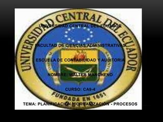 UNIVERSIDAD CENTRAL DEL ECUADOR



    FACULTAD DE CIENCIAS ADMINISTRATIVAS


     ESCUELA DE CONTABILIDAD Y AUDITORIA


         NOMBRE: WALTER MANCHENO


                CURSO: CA9-4


TEMA: PLANIFICACIÓN Y ORGANIZACIÓN - PROCESOS
 