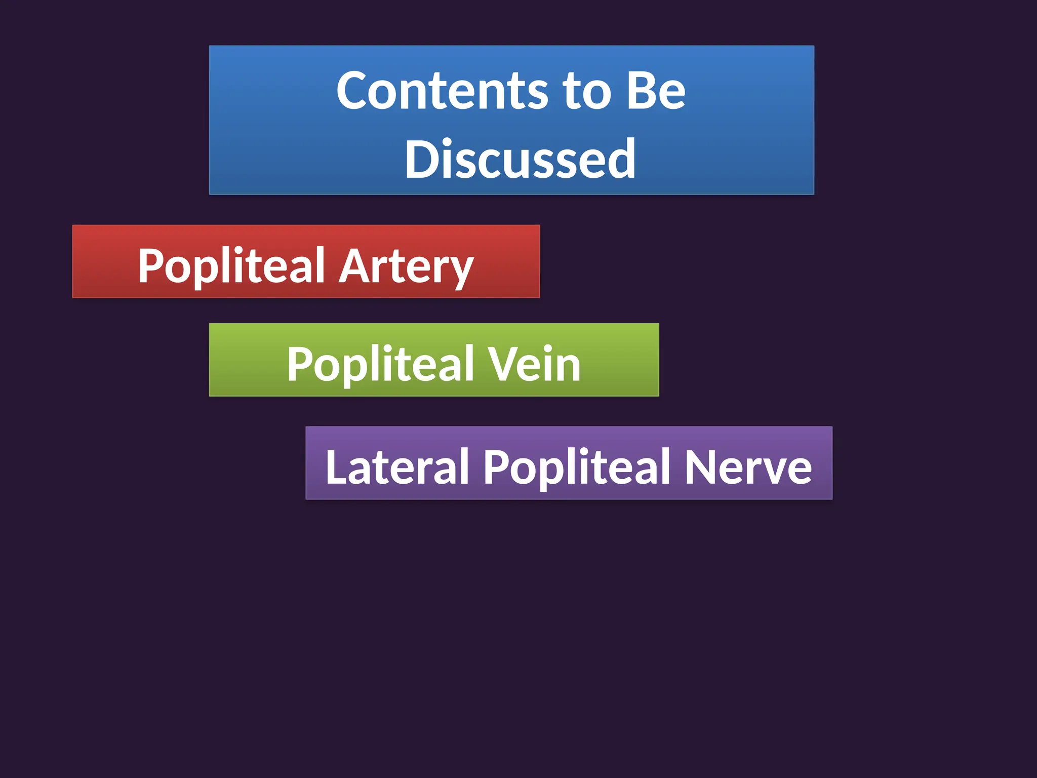 Contents to Be
Discussed
Popliteal Artery
Popliteal Vein
Lateral Popliteal Nerve
 