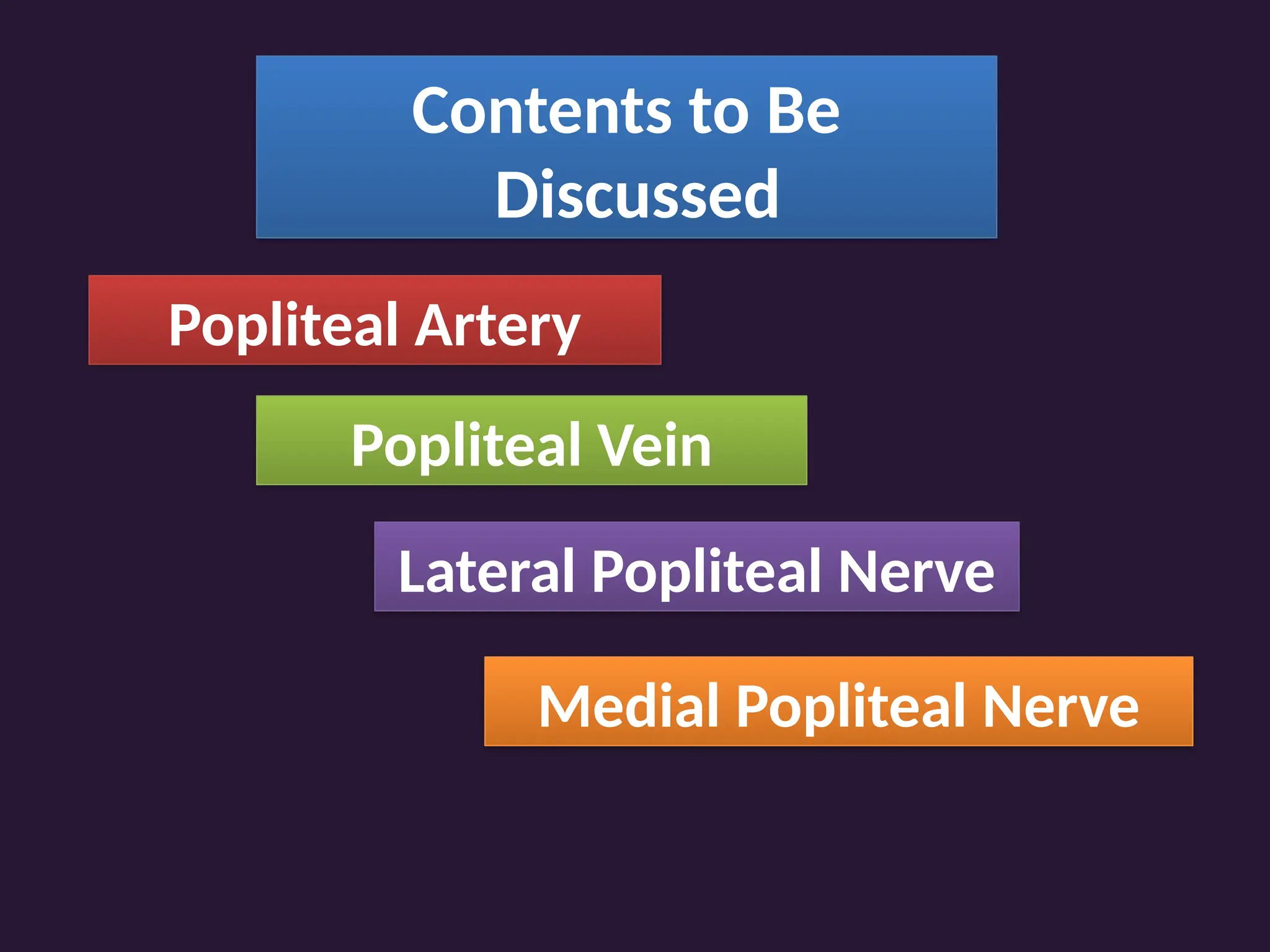 Contents to Be
Discussed
Popliteal Artery
Popliteal Vein
Lateral Popliteal Nerve
Medial Popliteal Nerve
 