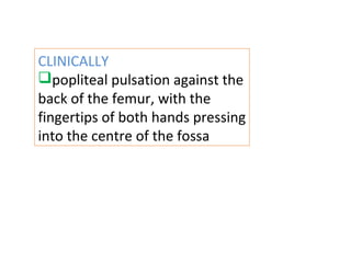 CLINICALLY
popliteal pulsation against the
back of the femur, with the
fingertips of both hands pressing
into the centre of the fossa
 