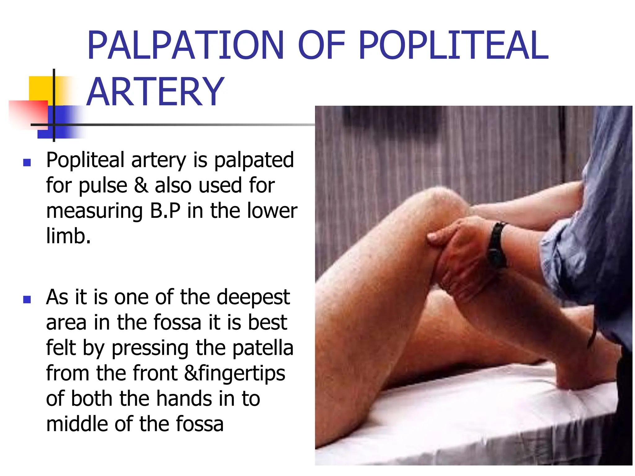 PALPATION OF POPLITEAL
ARTERY
 Popliteal artery is palpated
for pulse & also used for
measuring B.P in the lower
limb.
 As it is one of the deepest
area in the fossa it is best
felt by pressing the patella
from the front &fingertips
of both the hands in to
middle of the fossa
 