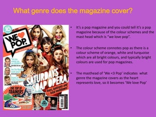 What genre does the magazine cover?

                •   It’s a pop magazine and you could tell it’s a pop
                    magazine because of the colour schemes and the
                    mast head which is “we love pop”.

                •   The colour scheme connotes pop as there is a
                    colour scheme of orange, white and turquoise
                    which are all bright colours, and typically bright
                    colours are used for pop magazines.

                •   The masthead of ‘We <3 Pop’ indicates what
                    genre the magazine covers as the heart
                    represents love, so it becomes ‘We love Pop’
 