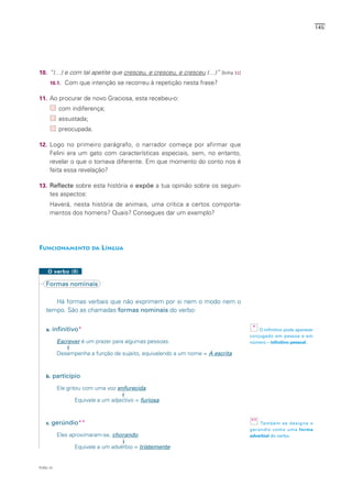 145




10. “(…) e com tal apetite que cresceu, e cresceu, e cresceu (…)” [linha 31]
      10.1.    Com que intenção se recorreu à repetição nesta frase?

11. Ao procurar de novo Graciosa, esta recebeu-o:
             com indiferença;
             assustada;
             preocupada.

12. Logo no primeiro parágrafo, o narrador começa por afirmar que
      Felini era um gato com características especiais, sem, no entanto,
      revelar o que o tornava diferente. Em que momento do conto nos é
      feita essa revelação?

13. Reflecte sobre esta história e expõe a tua opinião sobre os seguin-
      tes aspectos:
      Haverá, nesta história de animais, uma crítica a certos comporta-
      mentos dos homens? Quais? Consegues dar um exemplo?




FUNCIONAMENTO DA LÍNGUA


     O verbo (II)

    Formas nominais

       Há formas verbais que não exprimem por si nem o modo nem o
    tempo. São as chamadas formas nominais do verbo:


    a.   infinitivo*                                                             * O infinitivo pode aparecer
                                                                                conjugado em pessoa e em
            Escrever é um prazer para algumas pessoas.                          número – infinitivo pessoal.

            Desempenha a função de sujeito, equivalendo a um nome = A escrita



    b.     particípio
            Ele gritou com uma voz enfurecida.

                  Equivale a um adjectivo = furiosa



    c. gerúndio**                                                               ** Também se designa o
                                                                                gerúndio como uma forma
            Eles aproximaram-se, chorando.                                      adverbial do verbo.

                  Equivale a um advérbio = tristemente


PLIN5-10
 