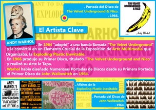 . Portada del Disco de
                                 The Velvet Underground & Nico.
                                                           . 1966.



                  El Artista Clave
 ANDY WARHOL . En 1964 "adoptó" a una banda llamada "The Velvet Underground"
 y la convirtió en un Elemento Crucial de la Exposición de Arte Multimedia que
Organizaba, la Exploding Plastic Inevitable.
. En 1966 produjo su Primer Disco, titulado "The Velvet Underground and Nico",
  y realizó su Arte le Tapa.
. Warhol había diseñado Numerosas Portadas de Discos desde su Primera Portada,
  el Primer Disco de John Wallowitch en 1964.

                                      . Afiches de la
                                        Exploding Plastic Inevitable

                                                  . Portada del Disco de
                                                       John Wallowitch.
                                                                 . 1964.
 