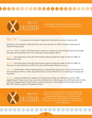 XEXCEEDED!
OBJECTIVE 2 We exceeded this objective by attracting 157
fans/followers on our social media networks.
Objective 3:Increase the number of registered Popmoney account users by 50.
Rationale: Our research indicated that only five percent of MSUM students had used or
heard of Popmoney.
Strategy: Host a “Party with Popmoney” event on campus to encourage Popmoney usage
through our partnership with the local bank, Northwestern Bank.
Tactic 1: Use Popmoney through Northwestern Bank during the week of the 21st-28th of
February for free.
Tactic 2: Use Popmoney through Northwestern Bank during the week of the 21st-28th of
February to be entered to win $10 into your Northwestern Bank account.
Tactic 3: Northwestern Bank implementing a sweepstakes during the month of February for
any individual to fill out, after using Popmoney, to be entered in to a drawing for a popcorn
machine.
Tactic 4: Asking individuals to register for Popmoney during our Popmoney event. After
registering for Popmoney, they would be entered into a drawing to win a $10 gift card to Old
Chicago. Registering for Popmoney could also result in winning $50. If they should win the
$50, the money would be Popped to them.
XEXCEEDED!
OBJECTIVE 3
We exceeded objective 3 with 53 individuals
registering for Popmoney. Fourteen individuals
registered for Popmoney at our Party with
Popmoney event. Northwestern Bank showed an
increase of customer registration of Popmoney
by 39 individuals.
8
 