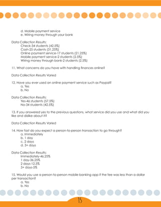 d. Mobile payment service
	 e. Wiring money through your bank
Data Collection Results:
	 Check-34 students (42.5%)
	 Cash-25 students (31.25%)
	 Online payment service-17 students (21.25%)
	 Mobile payment service-2 students (2.5%)
	 Wiring money through bank-2 students (2.5%)
11. What concerns do you have with handling finances online?
Data Collection Results Varied
12. Have you ever used an online payment service such as Paypal?
	 a. Yes
	 b. No
Data Collection Results:
	 Yes-46 students (57.5%)
	 No-34 students (42.5%)
13. If you answered yes to the previous questions, what service did you use and what did you
like and dislike about it?
Data Collection Results Varied
14. How fast do you expect a person-to-person transaction to go through?
	 a. Immediately
	 b. 1 day
	 c. 2 days
	 d. 3+ days
Data Collection Results:
	Immediately-46.25%
	 1 day-36.25%
	 2 days-12.5%
	 3+ days-5%
15. Would you use a person-to-person mobile banking app if the fee was less than a dollar
per transaction?
	 a. Yes
	 b. No
15
 