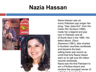 Nazia Hassan
Nazia Hassan was an
iconic Pakistani pop singer Her
song, "Aap Jaisa Koi", from the
Indian film Qurbani (1980)
made her a legend and pop
icon in Pakistan and all
of South Asia in the 1980. Her
debut album, Disco
Deewane (1981), also charted
in fourteen countries worldwide
and became the bestselling Asian pop record up
unntil that time Nazia Hassa
went on to sell over 60 million
records worldwide.
Nazia was the first Pakistani to
win a Filmfare Award and
remains the youngest winner of

 
