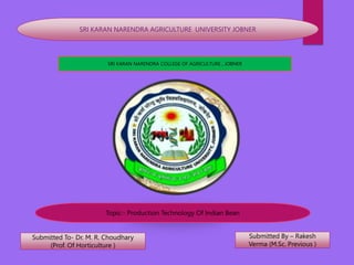 SRI KARAN NARENDRA COLLEGE OF AGRICULTURE , JOBNER
Topic:- Production Technology Of Indian Bean
SRI KARAN NARENDRA AGRICULTURE UNIVERSITY JOBNER
Submitted To- Dr. M. R. Choudhary
(Prof. Of Horticulture )
Submitted By – Rakesh
Verma (M.Sc. Previous )
 