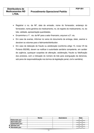 Distribuidora de
Medicamentos ND
LTDA.
Procedimento Operacional Padrão
POP 001
• Registrar o no. da NF, data de emissão, nome do fornecedor, endereço do
fornecedor, nome genérico do medicamento, no. do registro do medicamento, no. do
lote, validade, apresentação quantidades.
• Encaminhar a 1a
. via da NF para o setor financeiro, arquivar a 2a
. via.
• Em caso de avarias, informar no verso do documento de entrega, datar, assinar e
devolver os volumes para o fabricante/distribuidor.
• Em caso de detecção de fraude ou adulteração (conforme artigo 13, inciso VII da
Portaria 802/98), devem se notificar à autoridade sanitária competente, em caráter
de urgência, quaisquer suspeitas de alteração, adulteração, fraude ou falsificação
dos produtos, com a indicação do número de lote para averiguação da denúncia,
sob pena de responsabilização nos termos da legislação penal, civil e sanitária).
Nome Assinatura Data
Elaborado por: ___/___/___
Aprovado por: ___/___/___
Implantado por: ___/___/___
R Revisar em: ___/___/___
R Revisado por: ___/___/___
21
 