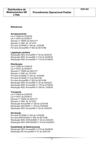 Distribuidora de
Medicamentos ND
LTDA.
Procedimento Operacional Padrão
POP 001
Referências
Armazenamento
Lei nº 6360 de 23/09/76
Lei nº 6437 de 20/08/77
Decreto nº 79094 de 05/01/77
Decreto nº 3961 de 10/10/01
Por taria SVS/MS nº 344 de 12/05/98
Por taria Anivsa/MS nº 802 de 08/10/98
Legislação sanitária
Resolução RDC Anvisa/MS nº 35 de 25/02/03
Resolução RDC Anvisa/MS nº 210 de 04/08/03
Resolução RDC Anvisa/MS nº 176 de 07/06/05
Distribuição
Lei nº 6360 de 23/09/76
Lei nº 6437 de 20/08/77
Decreto nº 79094 de 05/01/77
Decreto nº 3961 de 10/10/01
Por taria SVS/MS nº 344 de 12/05/98
Por taria SVS/MS nº 6 de 29/01/99
Por taria Anvisa/MS nº 802 de 08/10/98
Resolução RDC Anvisa/MS nº 35 de 25/02/03
Resolução RDC Anvisa/MS nº 176 de 07/06/05
Resolução RDC Anvisa/MS nº 249 de 13/09/05
Transporte
Lei nº 6360 de 23/09/76
Lei nº 6437 de 20/08/77
Decreto nº 79094 de 05/01/77
Decreto nº 3961 de 10/10/01
Resolução Anivsa/MS nº 329 de 22/07/99
Resolução ANVS/MS n.º 478 de 23/09/99
Resolução RDC Anvisa/MS nº 35 de 25/02/03
Devolução
Por taria SVS/MS nº 344 de 12/05/98
Por taria ANVISA/MS nº 802 de 08/10/98
Resolução RDC ANVISA/MS nº 35 de 25/02/03
Resolução RDC ANVISA/MS nº 210 de 04/08/03
Estabilidade de Medicamentos
Resolução RDC Anvisa/MS nº 210 de 04/08/03
Resolução RE Anvisa/MS nº 01 de 29/07/05
27
 