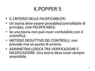 K.POPPER 5
• IL CRITERIO DELLA FALSIFICABILITA’.
• Un teoria deve essere provabile/controllabile di
principio, cioè FALSIFICABILE.
• Se una teoria non può esser confutabile,non è
scientifica.
• METODO DEDUTTIVO DEI CONTROLLI, non
prevede mai un punto di arresto.
• ASIMMETRIA LOGICA TRA VERIFICAZIONE E
FALSIFICAZIONE. Una teoria deve esser sempre
smentibile.
10
 